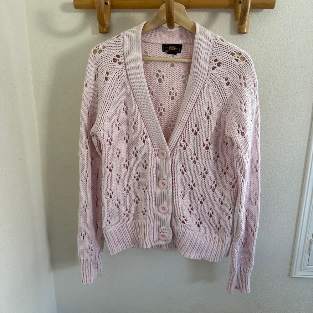 Route 66 pastel pink Button Up V-Neck Long Sleeve Knit chunky pointelle cardigan